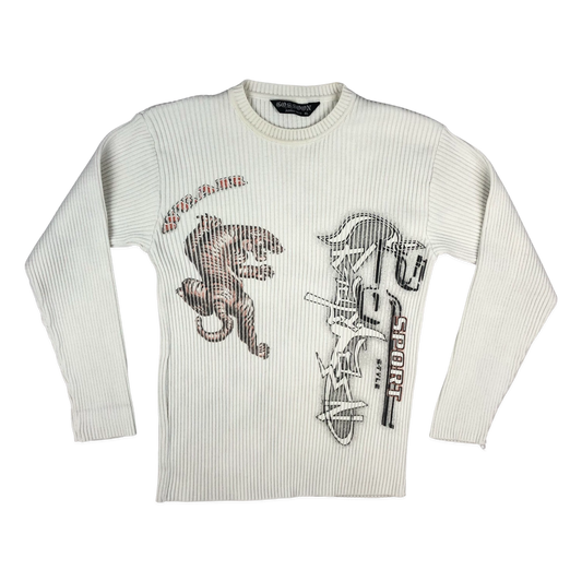 Vintage Y2K Ribbed Knit Jumper with Graphic Print M