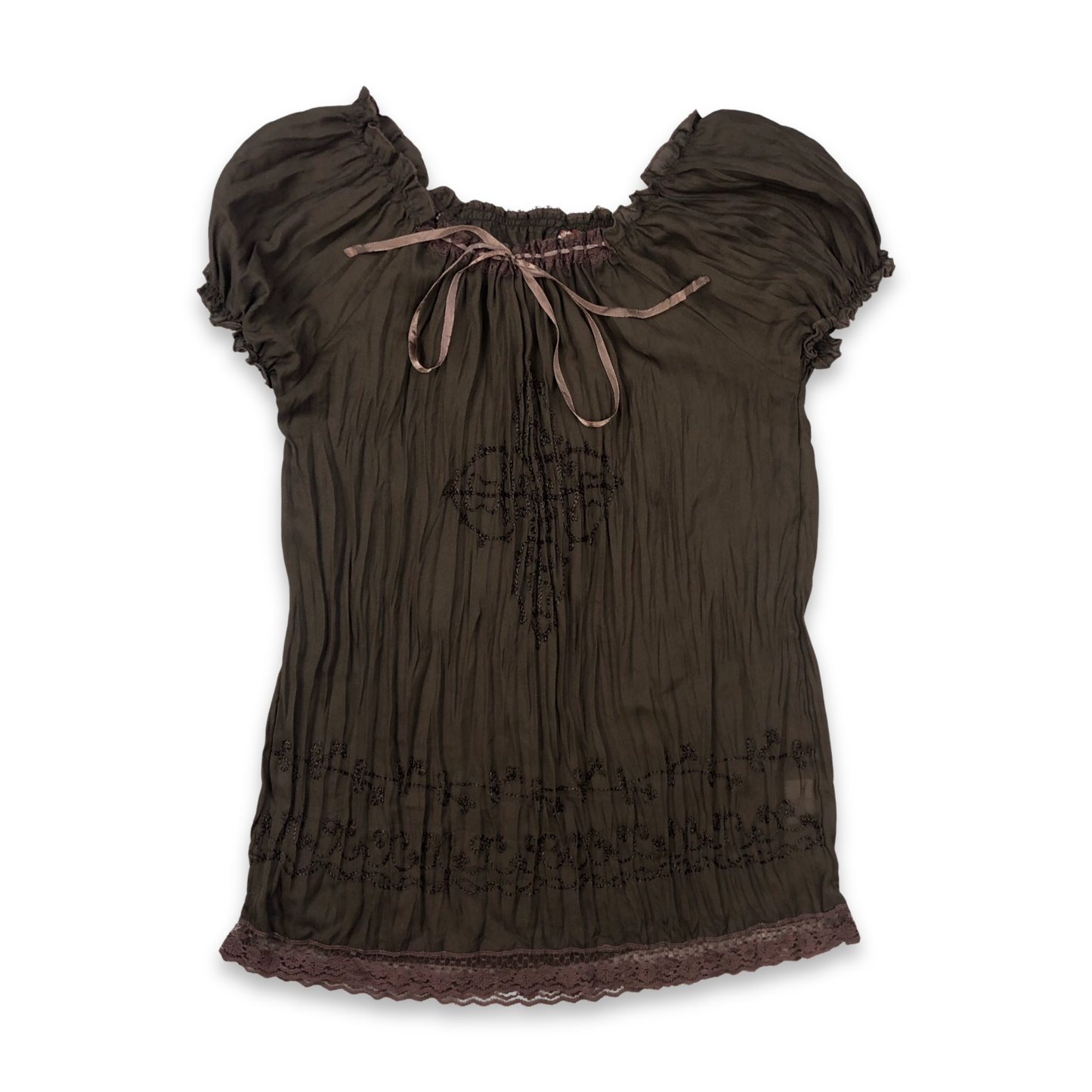 Vintage Y2K Brown Polyester Crinkle Effect Mesh Blouse 8