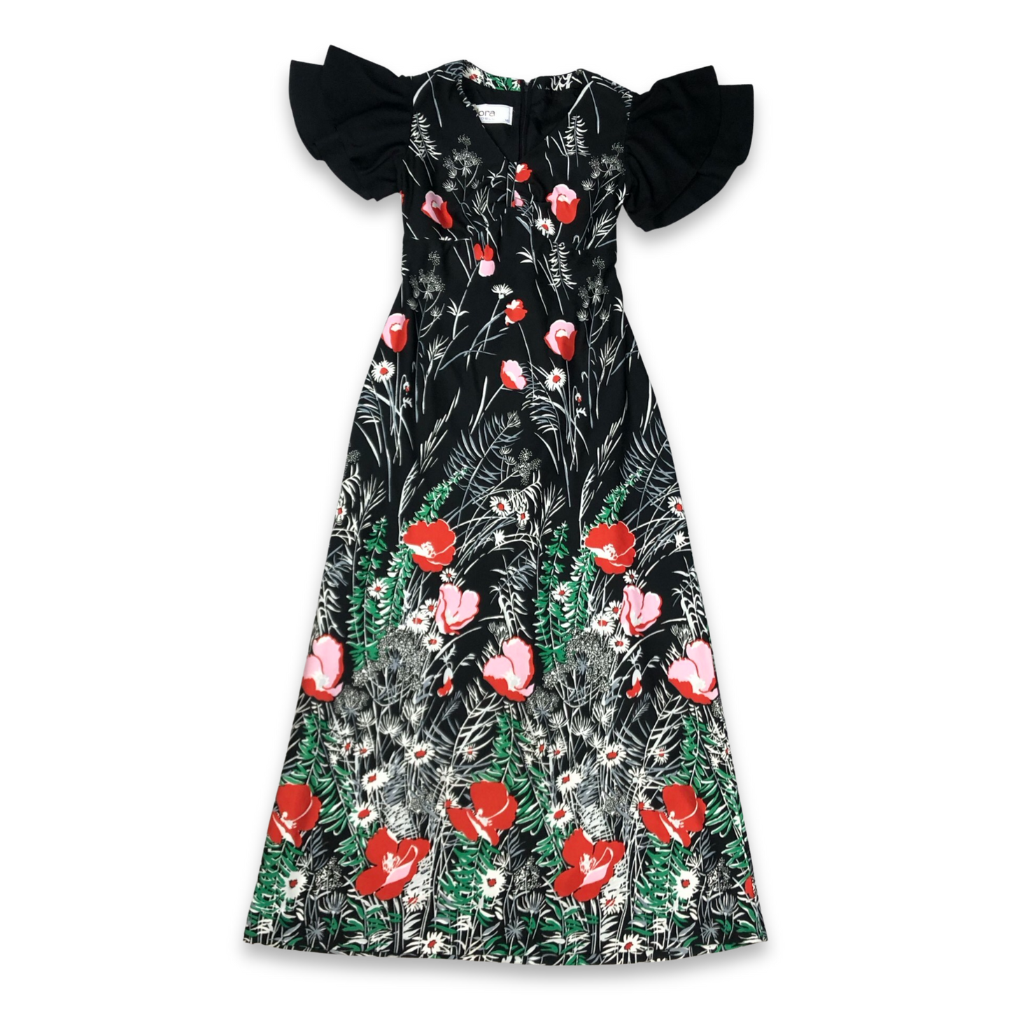 Vintage 70s Floral Daisy and Poppy Print Black Maxi Dress 10