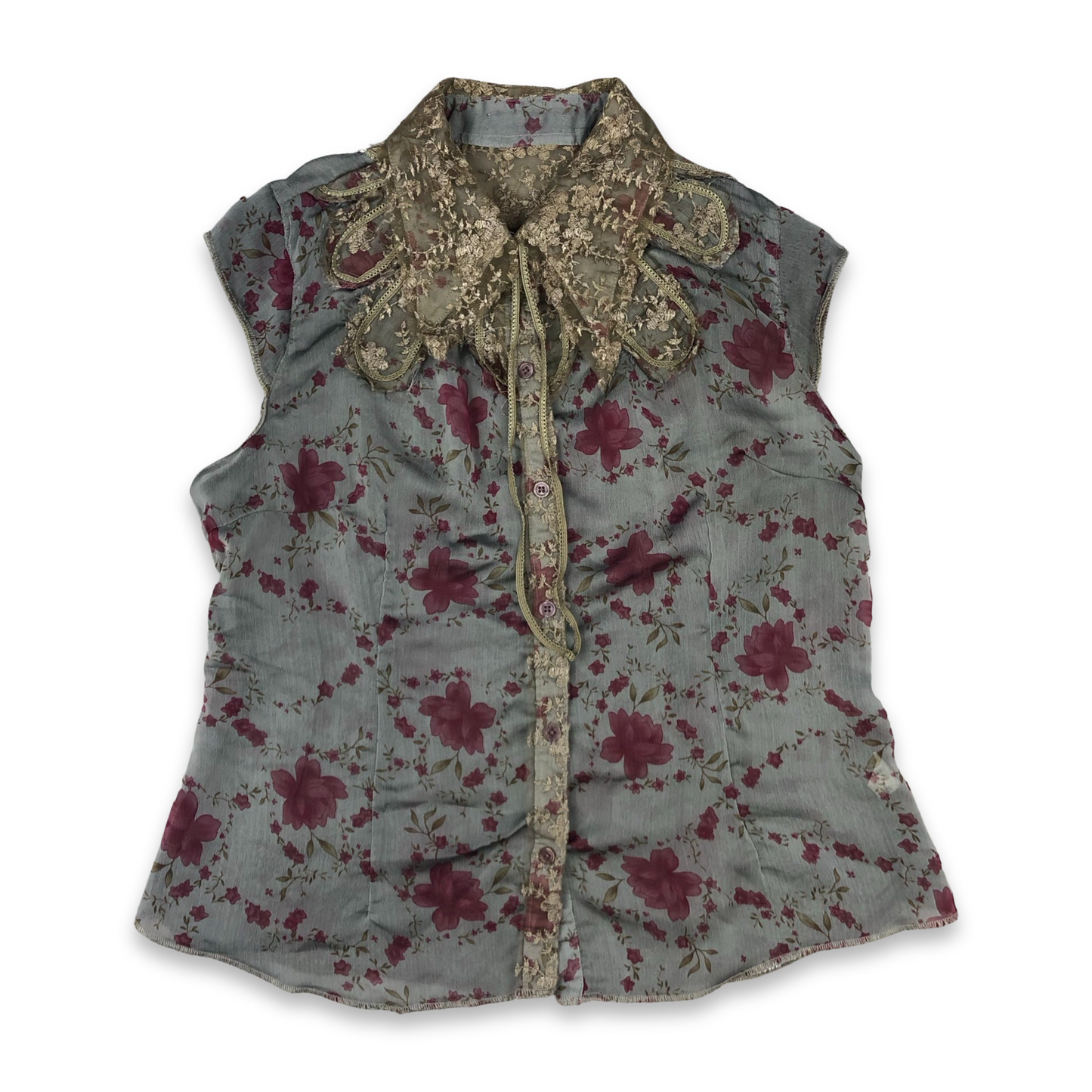 Vintage Y2K Sheer Grey Floral Print Collared Blouse 12
