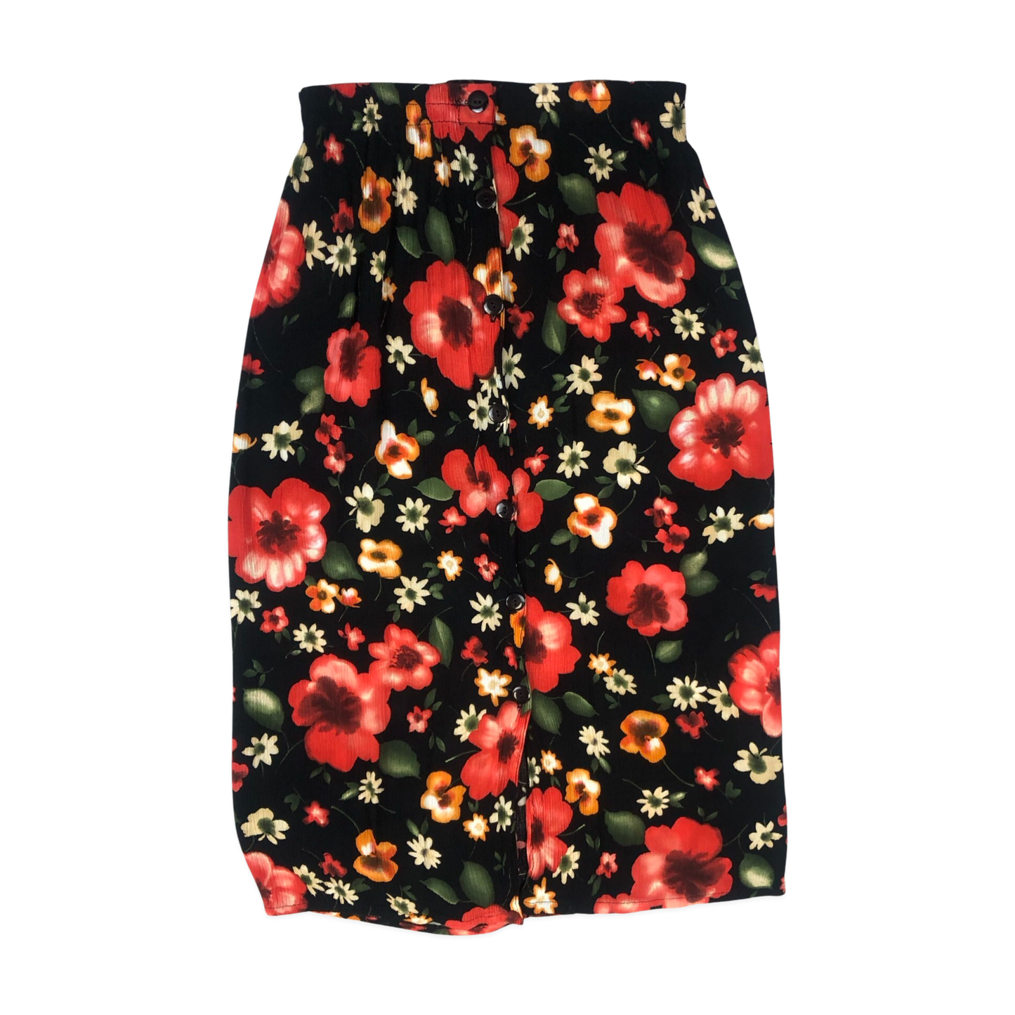 Vintage 80s Black Floral Print Skirt 10/12