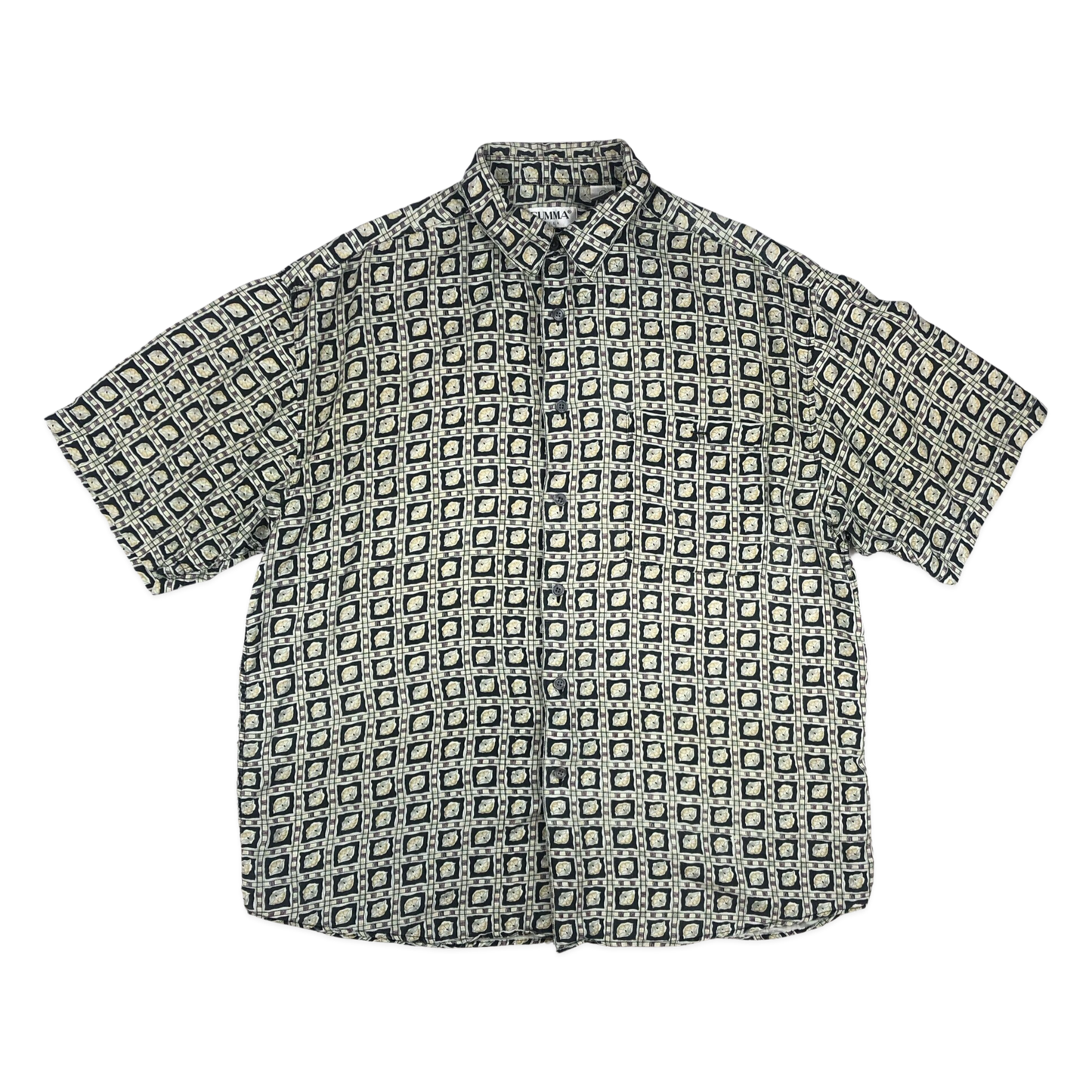 Vintage Black and White Abstract Print Silk Shirt XL