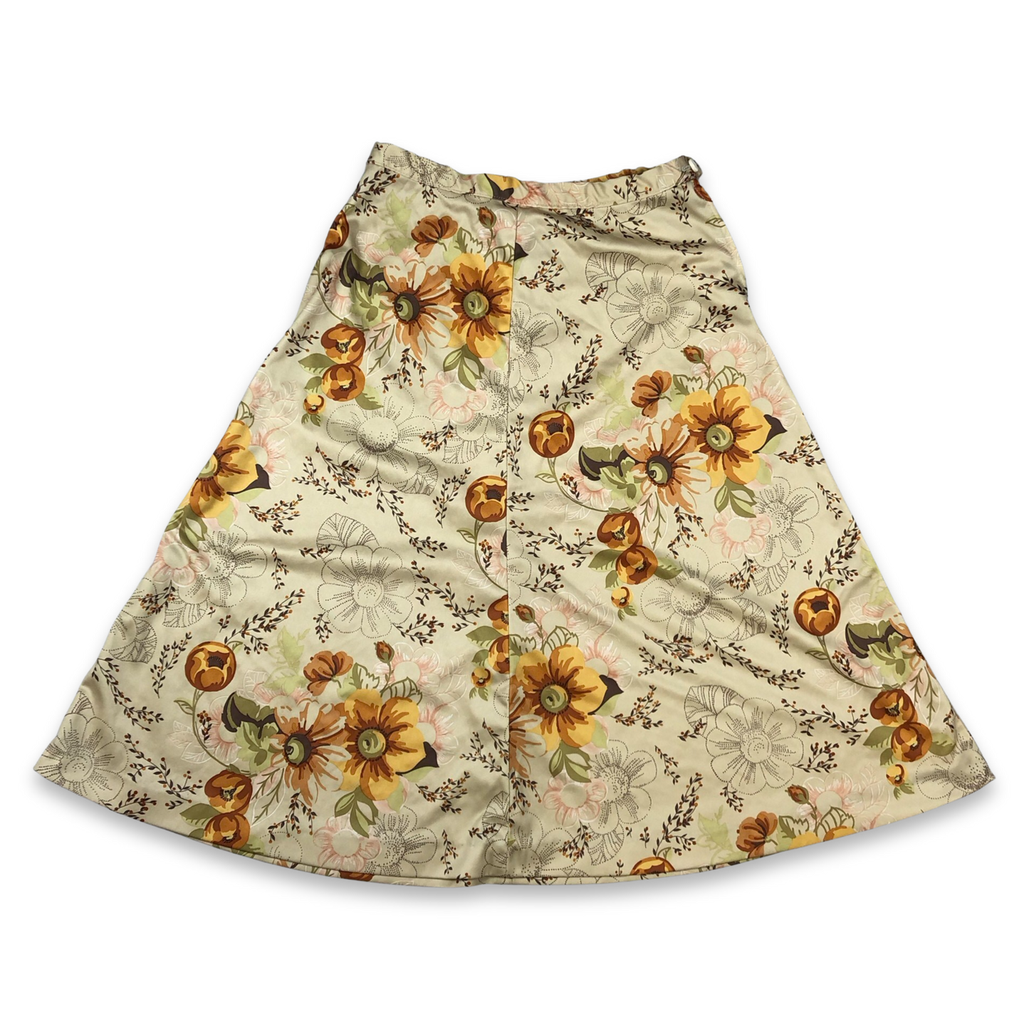 Vintage Viscose Cream Green and Orange Floral Print A Line Midi Skirt 8
