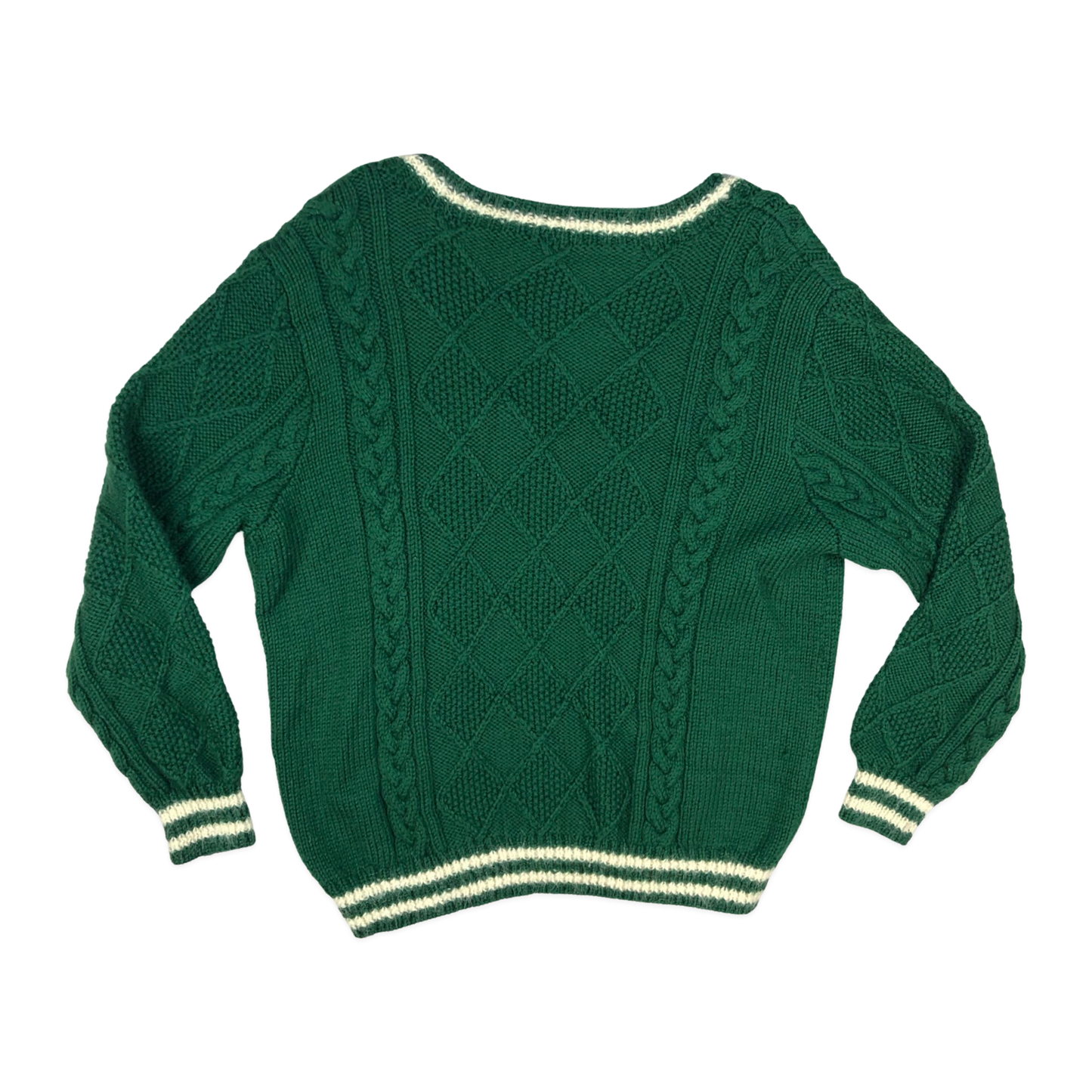 Vintage 80s Green V-neck Cable Knit Jumper XL