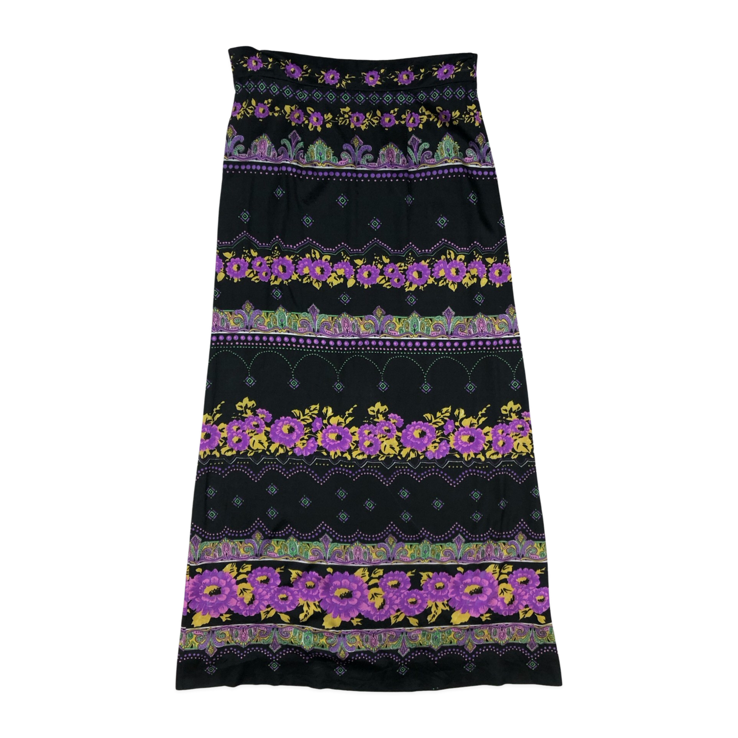 Vintage 60s 70s Black Floral Long Skirt 10