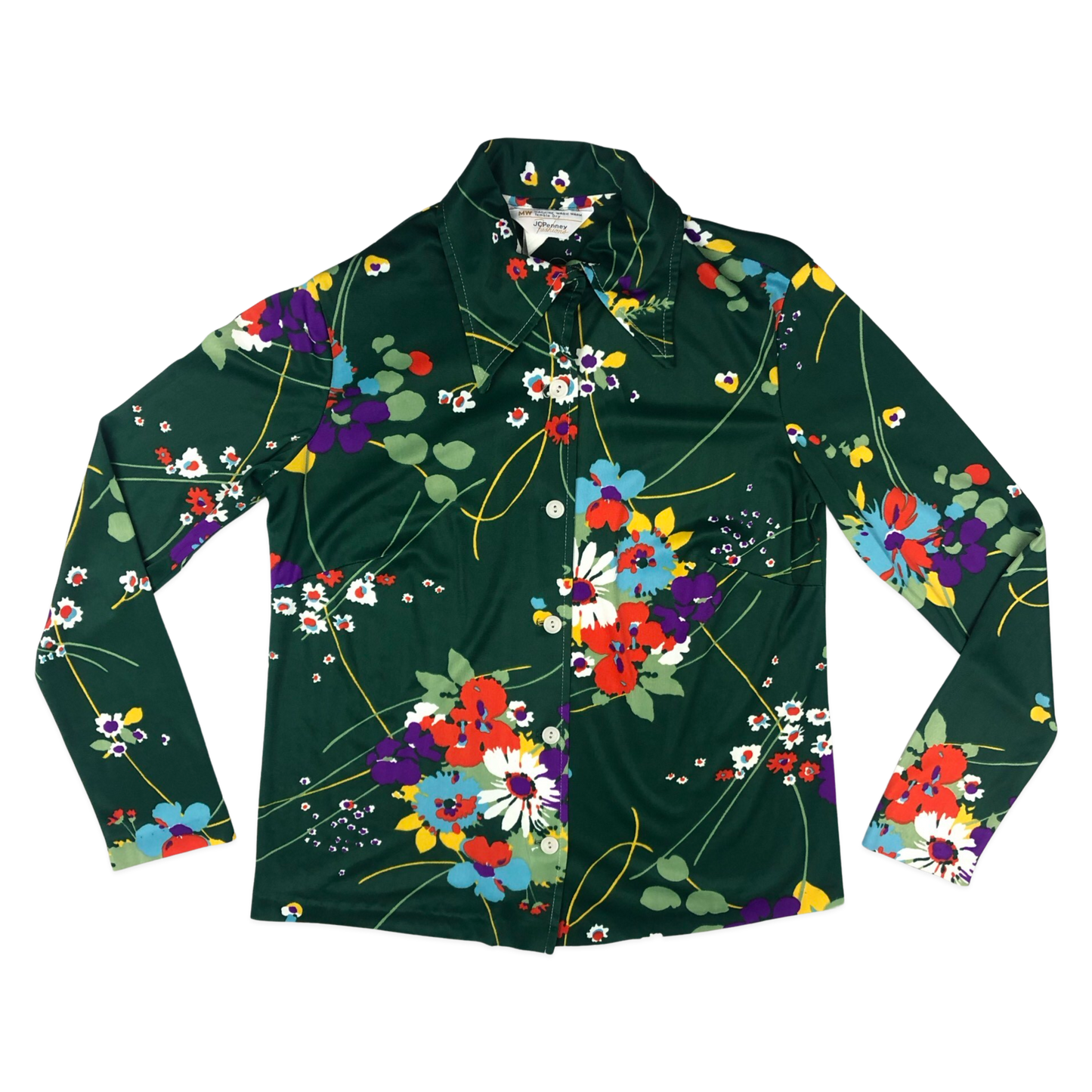 Vintage 70s Green Floral Dagger Collar Blouse 14