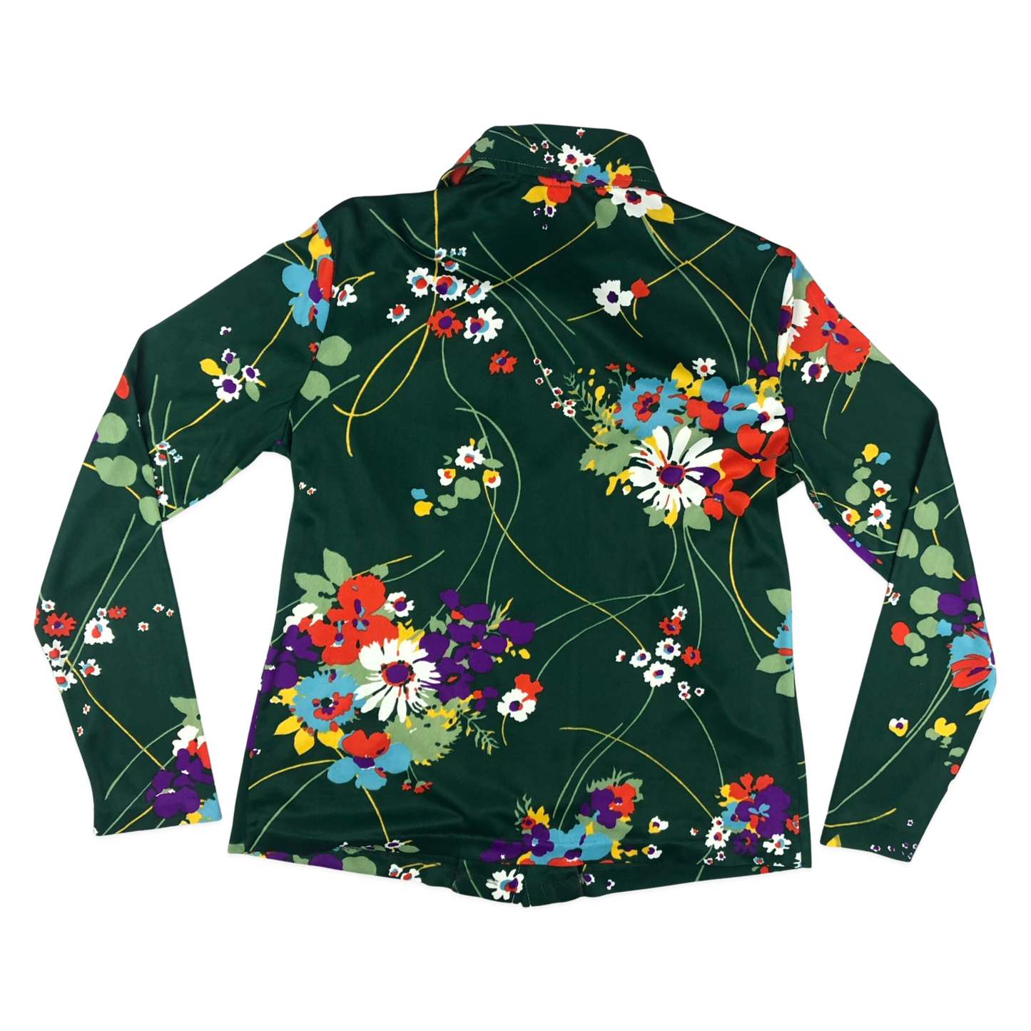 Vintage 70s Green Floral Dagger Collar Blouse 14