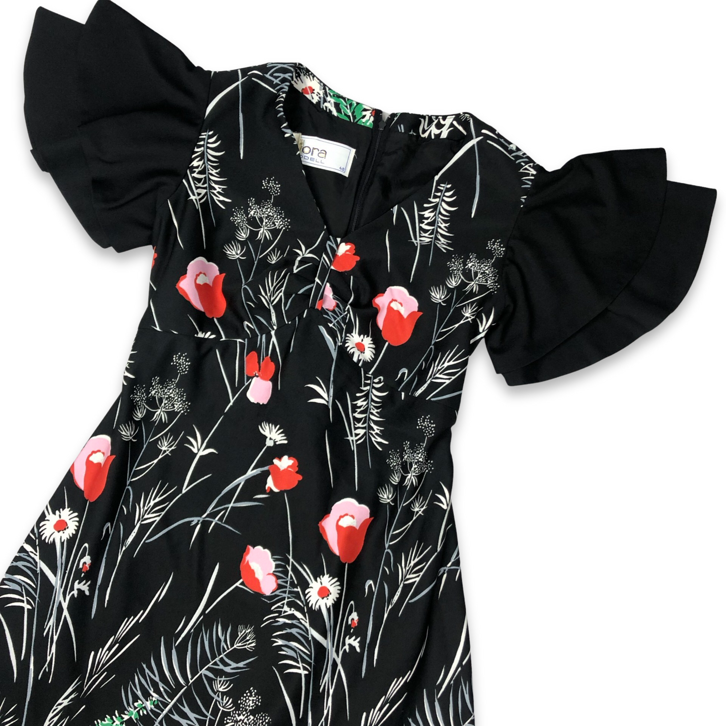 Vintage 70s Floral Daisy and Poppy Print Black Maxi Dress 10