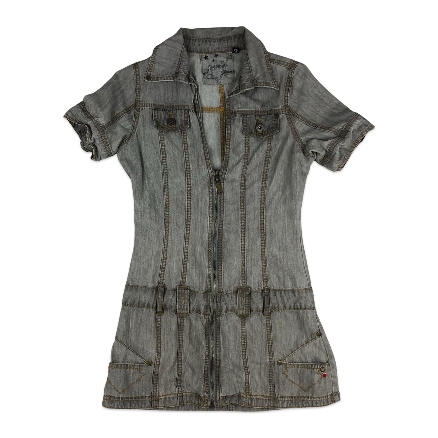 Vintage 90s Y2K Grey Denim Short Sleeved Dress 8