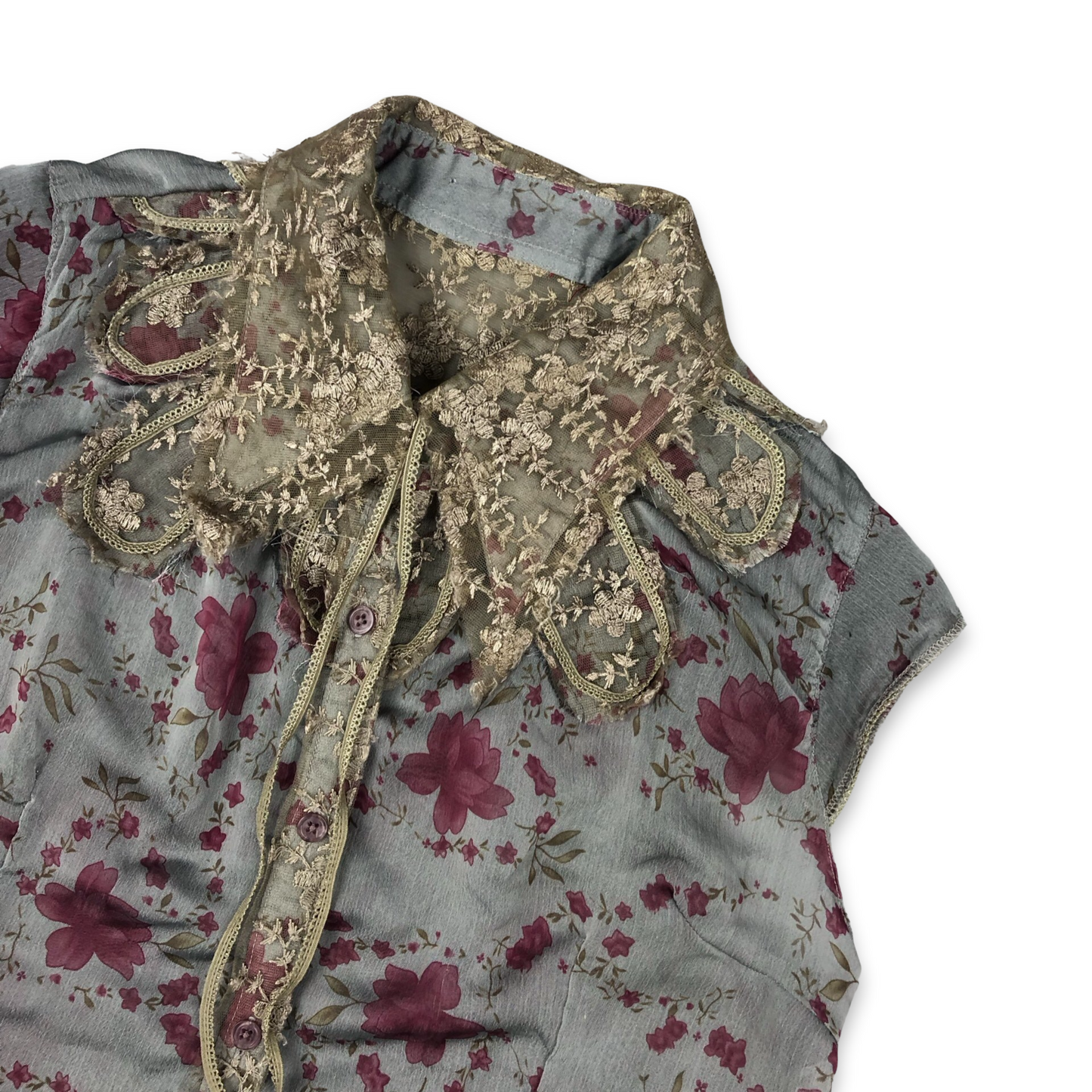 Vintage Y2K Sheer Grey Floral Print Collared Blouse 12