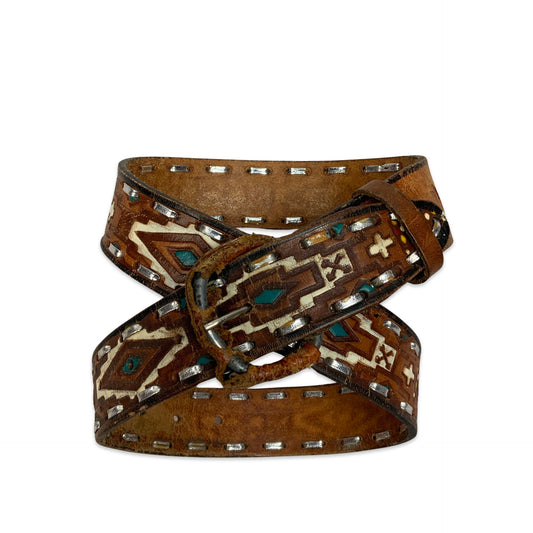 Vintage Aztec Pattern Brown Leather Belt