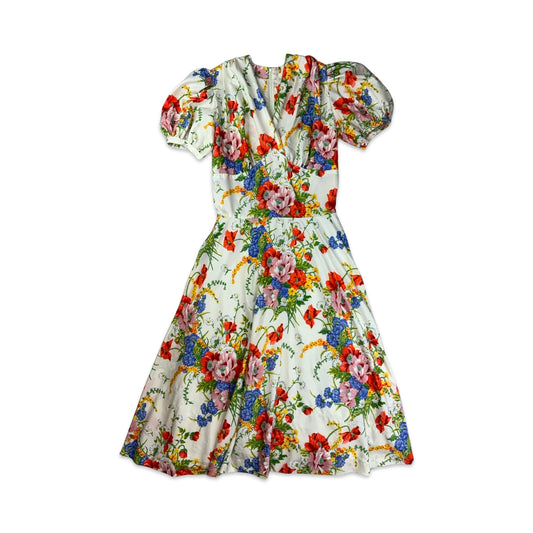Vintage White & Multicolour Floral Print Midi Dress 8 10