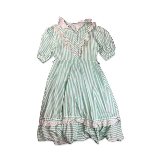 Vintage Green & White Striped Short Sleeve Button-up Midi Dress 14 16