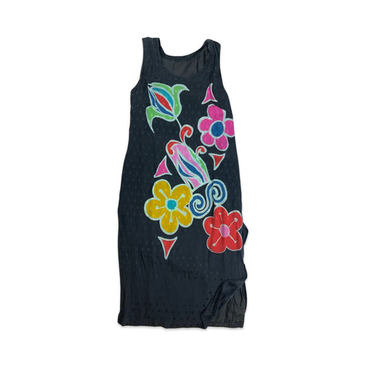 Vintage Black & Multicolour Floral Print Sleeveless Shift Dress 8 10