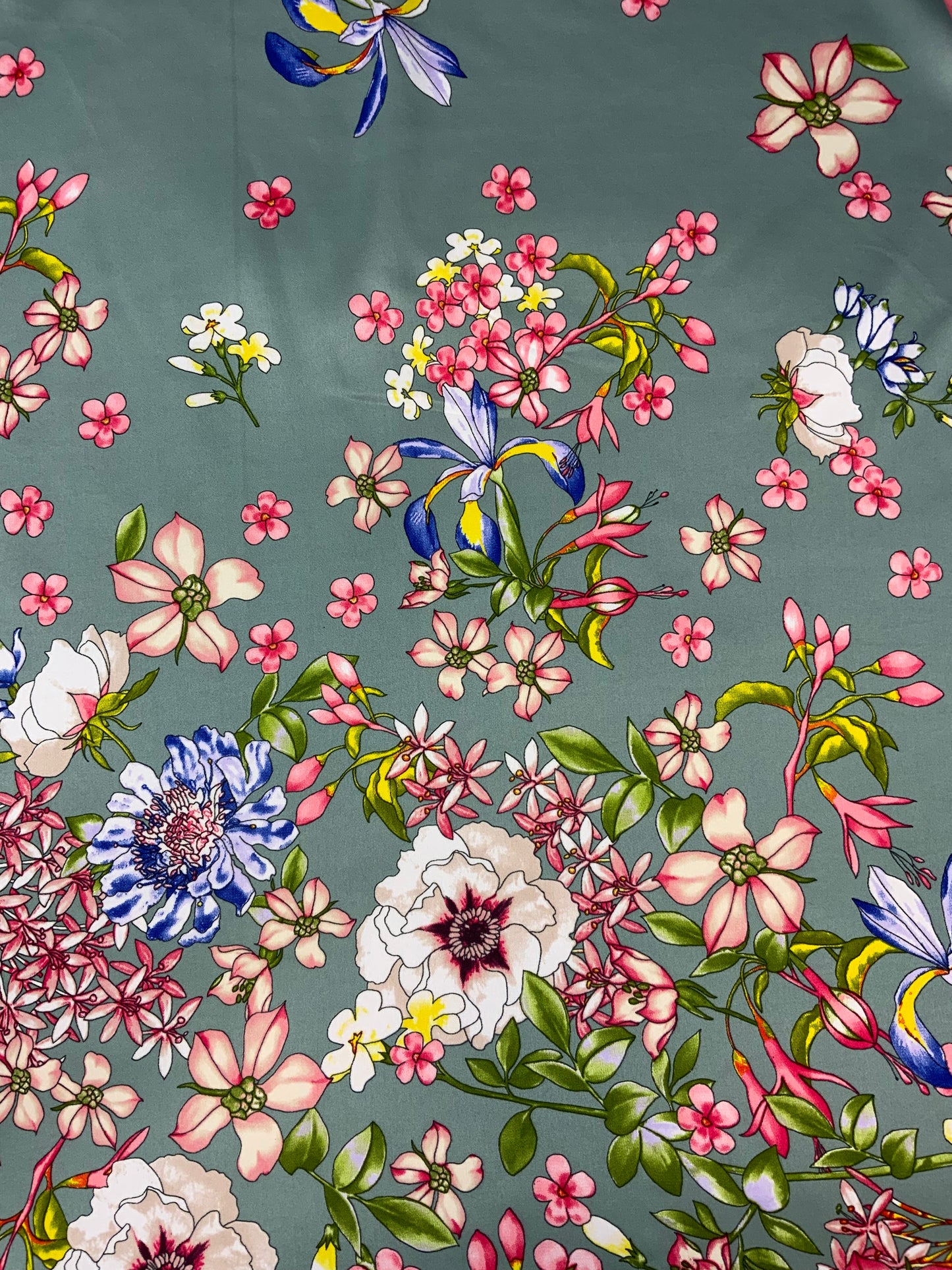 Vintage 80s Green Floral Silk Scarf