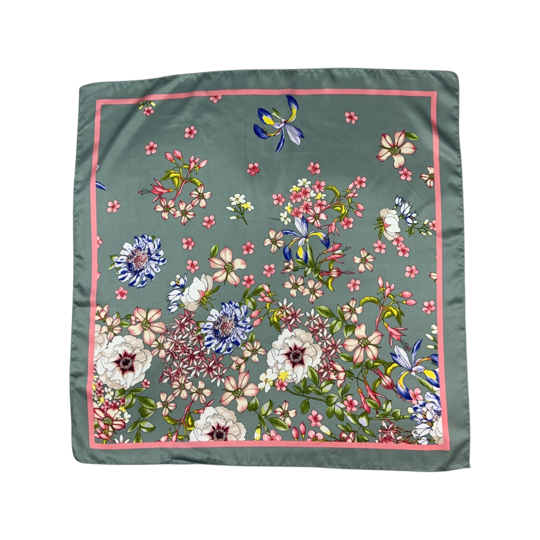 Vintage 80s Green Floral Silk Scarf
