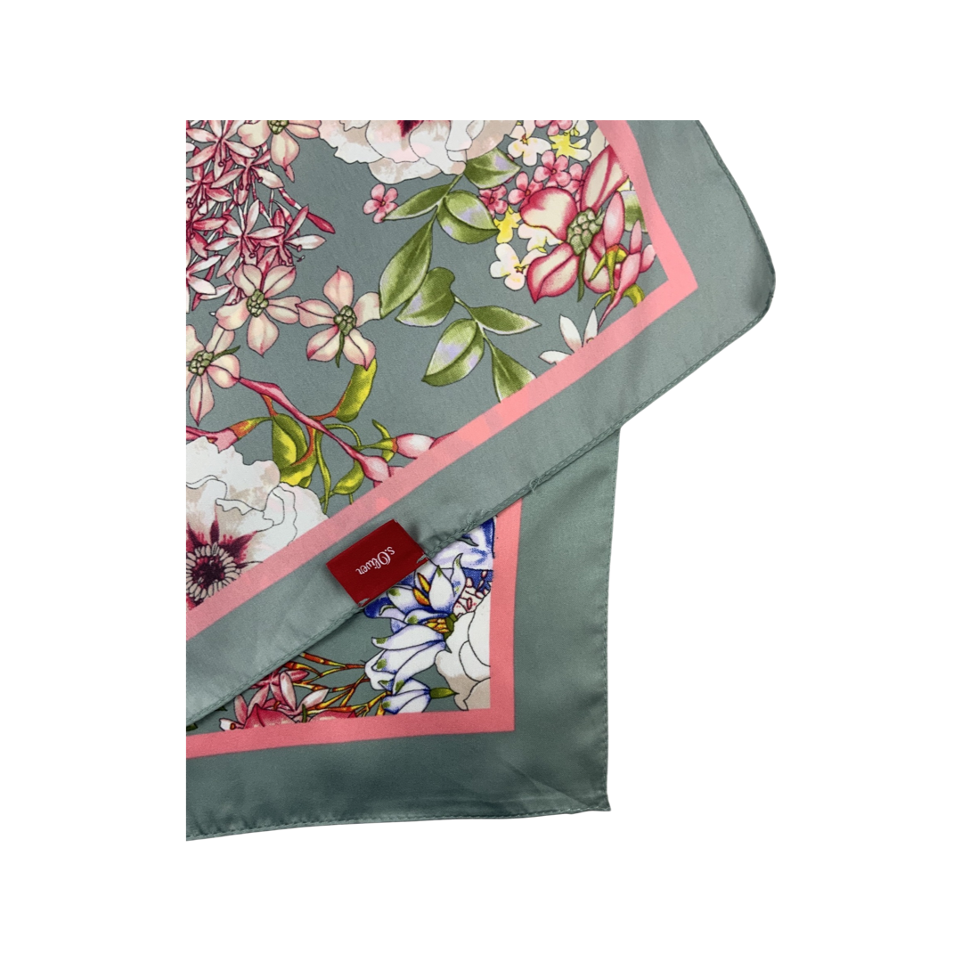 Vintage 80s Green Floral Silk Scarf