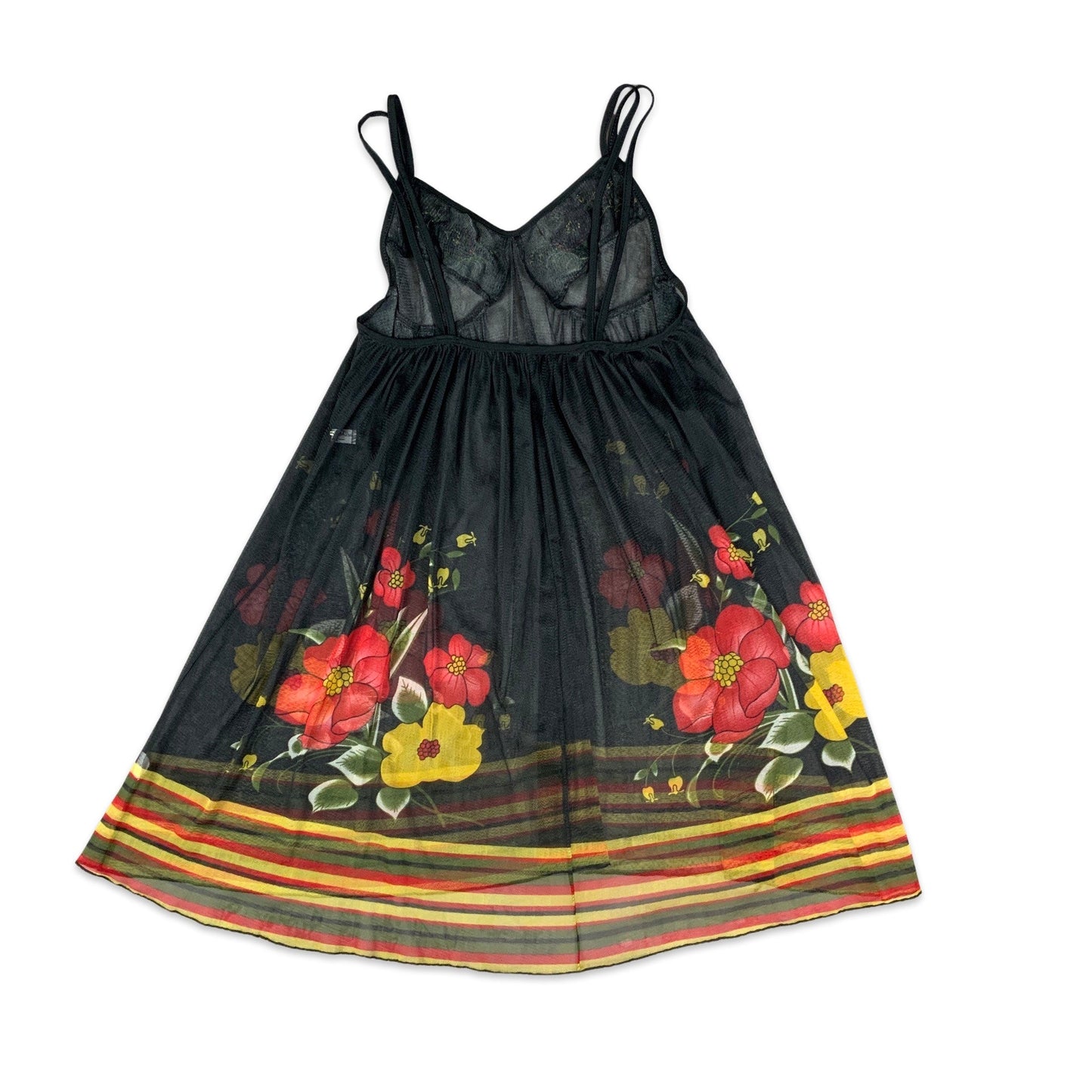 Vintage 90s Black Red Yellow Floral Sheer Baby Doll Slip Dress 8 10
