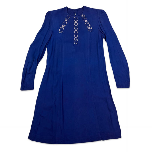 60 70s Vintage Midi Shift Blue Cut Out Dress 8 10