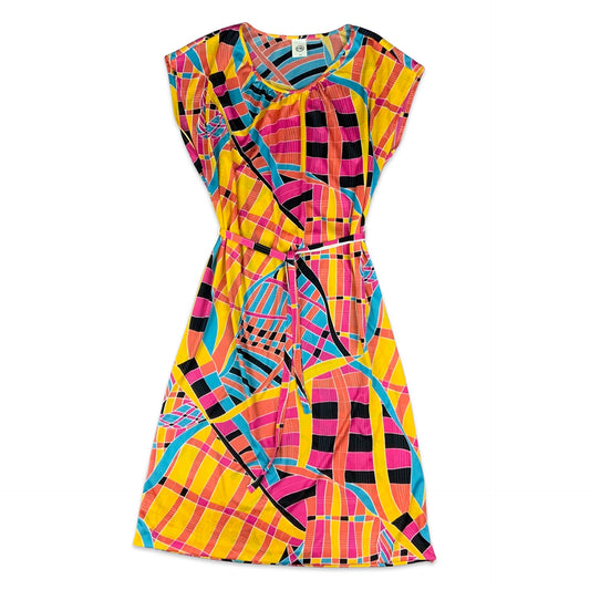 Vintage 80s Yellow Blue & Pink Geometric Print Dress 14 16 18