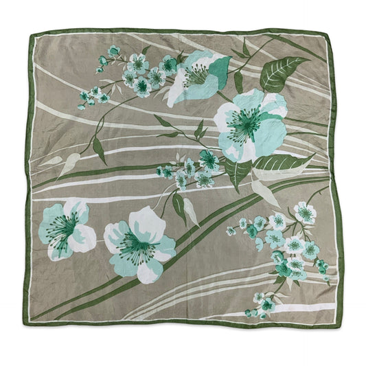 Vintage Green Brown White Blue Silk Blend Floral Scarf