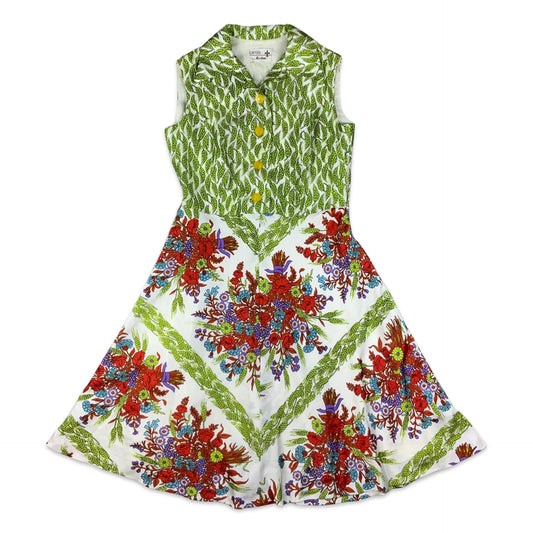 Vintage 70s White Green Red Blue Floral Novelty Print A-Line Dress 12 14