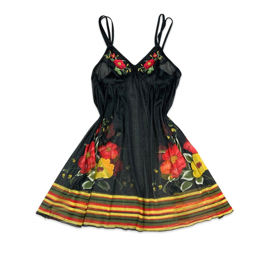 Vintage 90s Black Red Yellow Floral Sheer Baby Doll Slip Dress 8 10