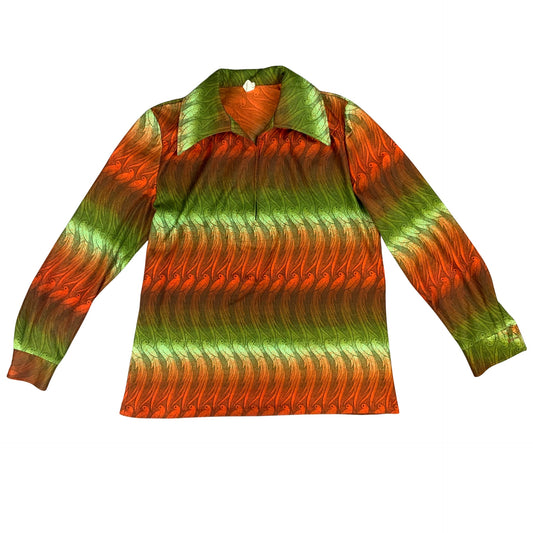 Vintage 70s Green & Orange Bird Novelty Print Tunic Blouse 12 14