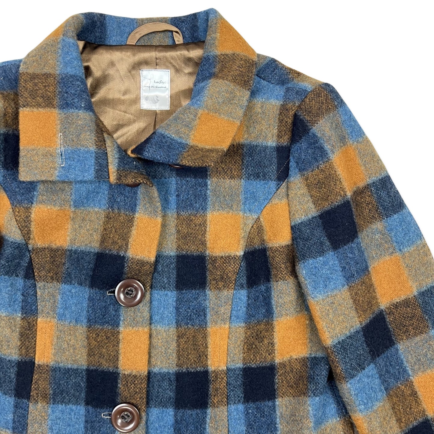 Vintage 70s Wool Short Coat Blue Yellow Tartan Check 12