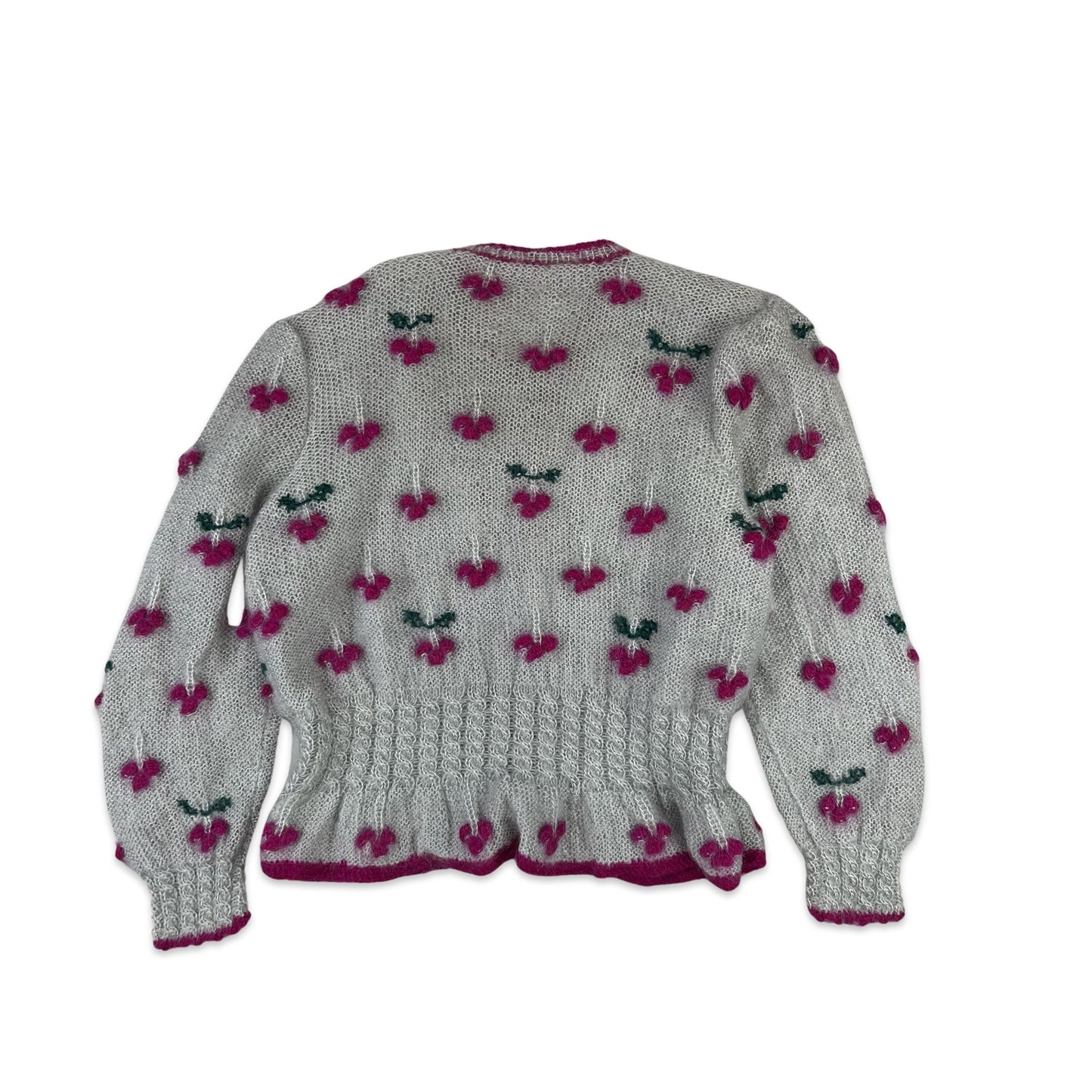 Vintage Mohair Fine Knit Cardigan 3D Cherry Peplum Grey Pink 12 14 16