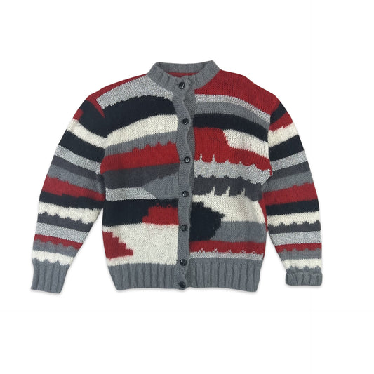 Vintage Abstract Stripe Mohair Cardigan Grey Black Red 10 12 14
