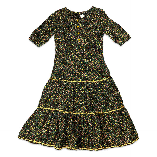Vintage Black Yellow Floral Midi Prairie Dress 12 14