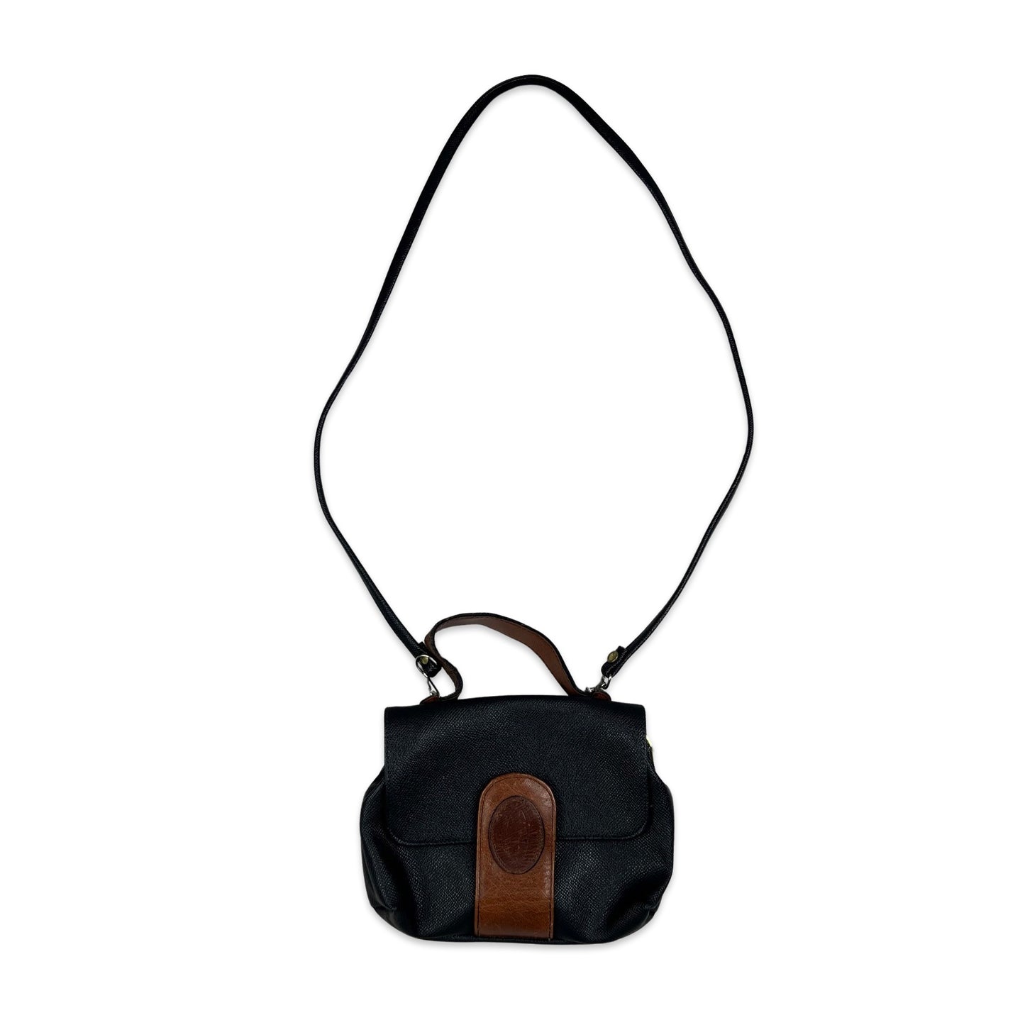 Vintage 80s Black Brown Leather Crossbody Handbag