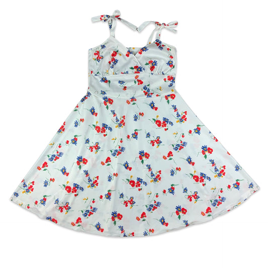 Vintage 70s White Red & Blue Floral Print Baby Doll Dress 10 12