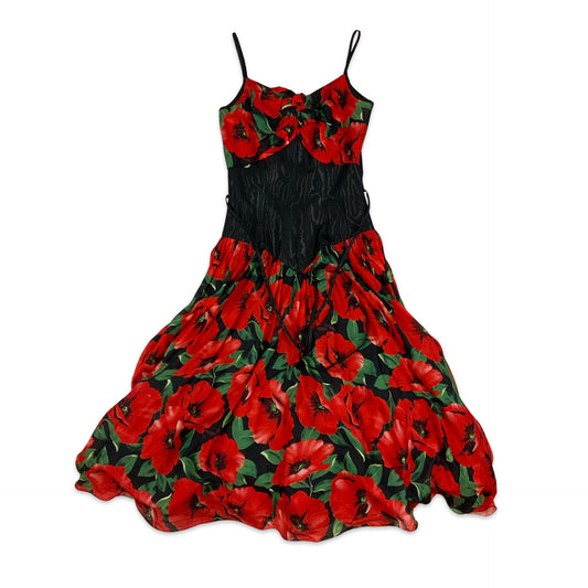 Vintage 80s 90s Party Midi  Floral Print Dress Black Red 6 8