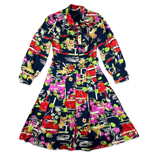 70s Vintage Dress Abstract Floral Shirt Dress Multicolour 10 12