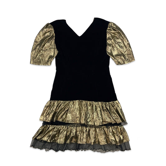 Vintage 80s Velvet Lurex Party Dress Black Gold 10 12