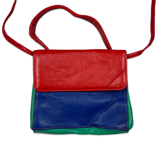 Vintage 80s Red Blue Green Crossbody Leather Handbag