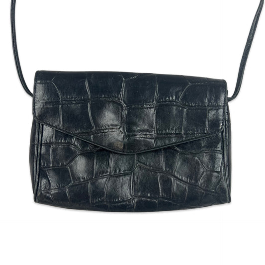 90s Vintage Croc Crossbody Leather Handbag Black