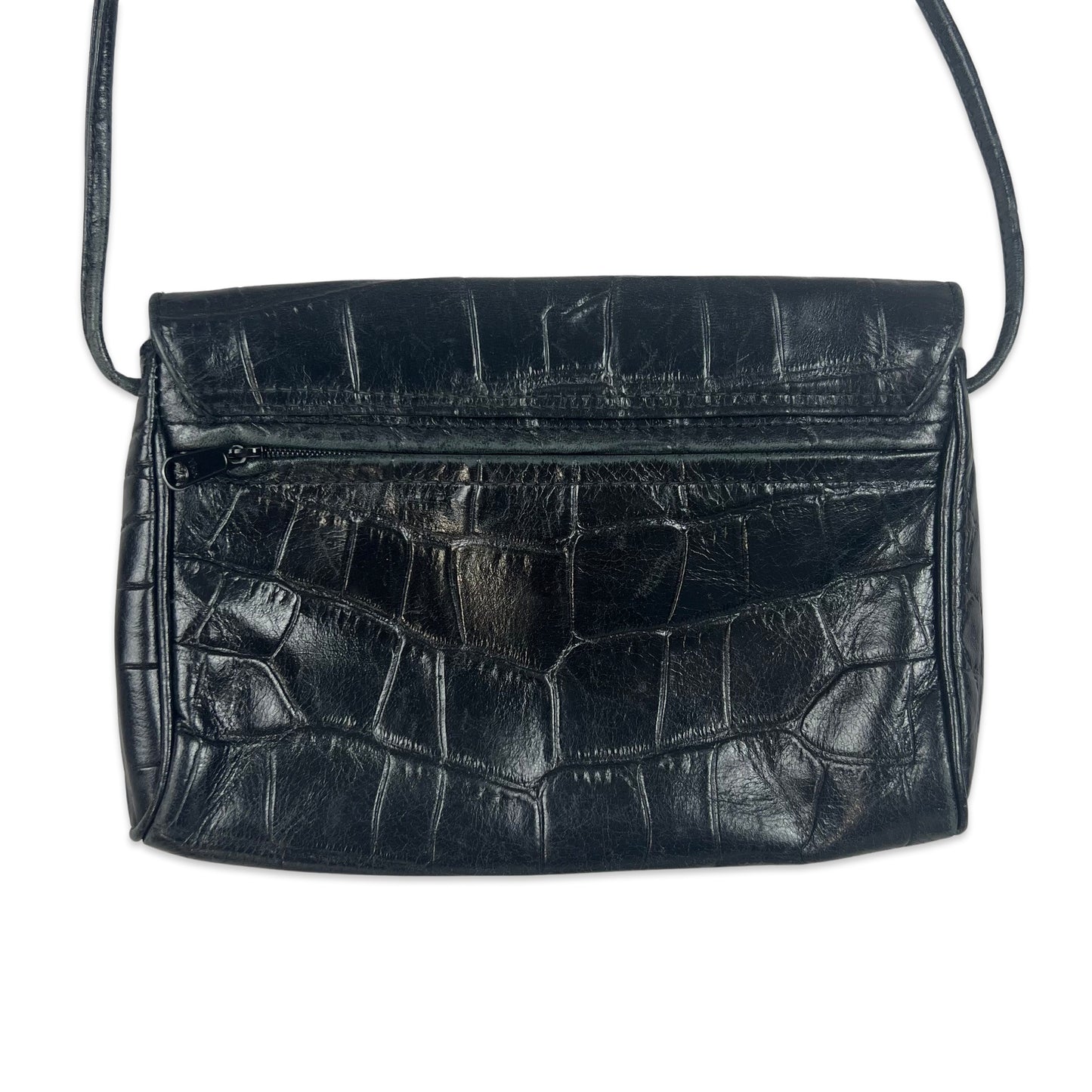 90s Vintage Croc Crossbody Leather Handbag Black