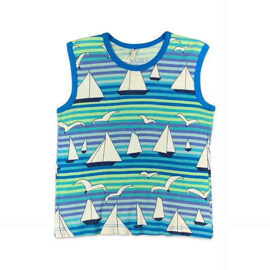 Vintage Blue Green Stripe Boat Novelty Print Cotton Vest Top 8 10