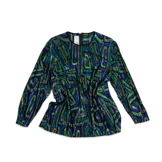 Vintage 80s 90s Blue Green and Black Abstract Pattern Lurex Blouse 14 16 18