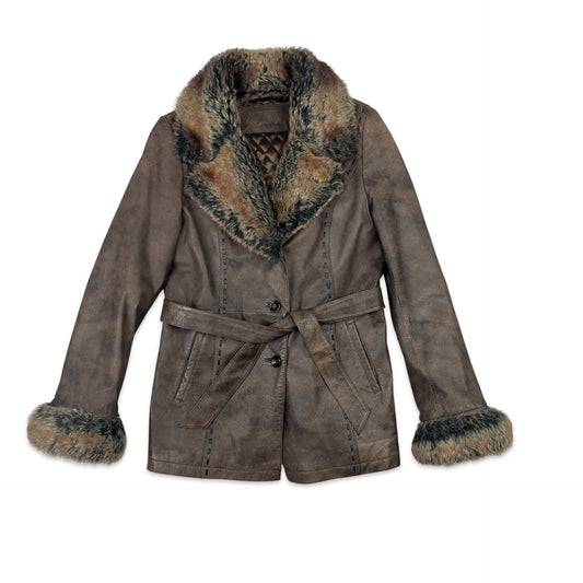 Vintage Y2K Leather Shearling Coat Belted Brown 12 14