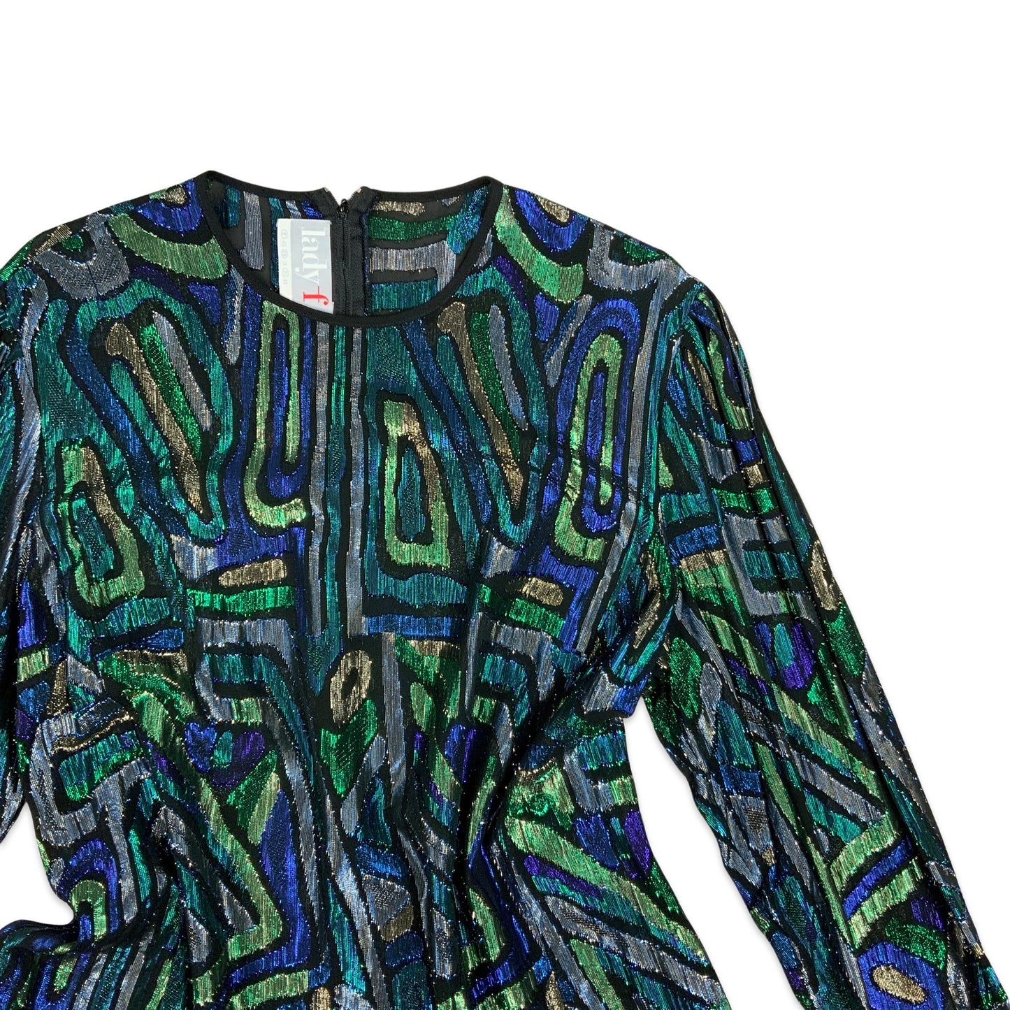 Vintage 80s 90s Blue Green and Black Abstract Pattern Lurex Blouse 14 16 18