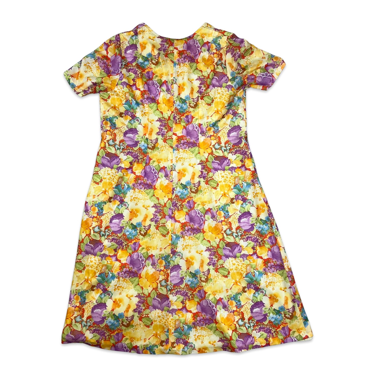 60s 70s Vintage Floral Shift Dress Yellow Purple Green 14 16