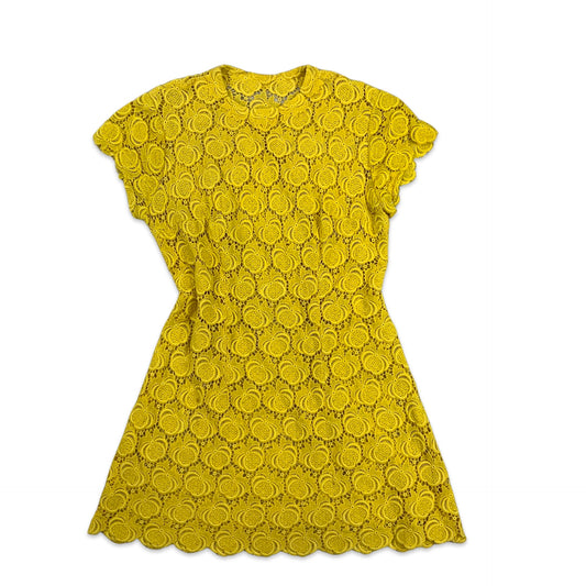 60s 70s Vintage Lace Crochet A Line Dress Yellow 8 10