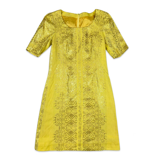 60s Vintage Lurex Pattern A Line Dress Yellow Gold 8 10 12