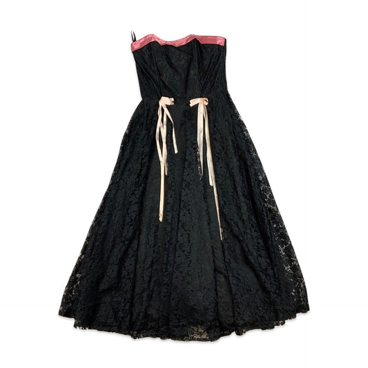 Vintage 80s Lace Party Maxi Dress Black Pink 8 10
