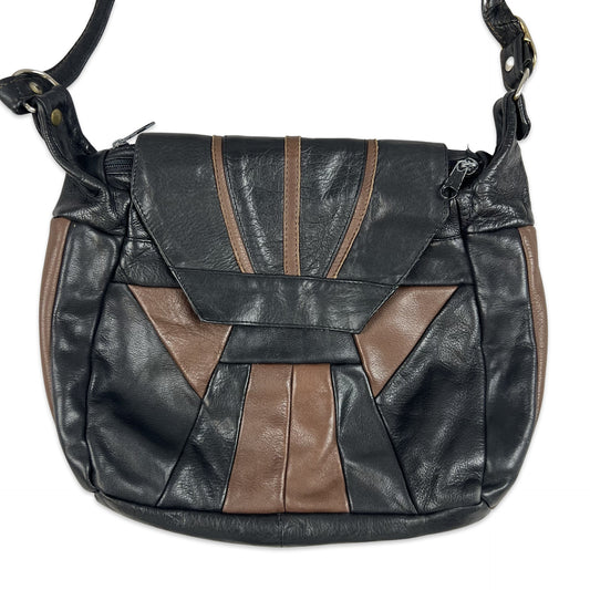 Vintage 90s Black Brown Leather Crossbody Handbag