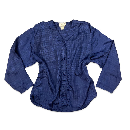 80s Vintage Blue Check Silky Blouse 16 18